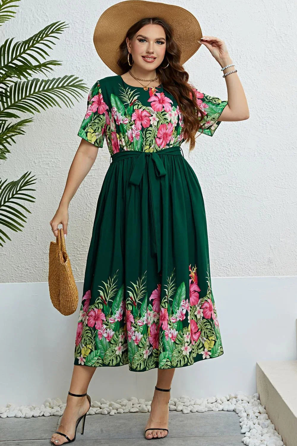 Honey Floral Tie-Waist Round Neck Dress with green floral print