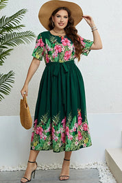 Honey Floral Tie-Waist Round Neck Dress with green floral print