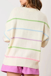 Contrast Striped Half Button Round Neck Sweater | Sweaters Daverri Fashions