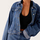 Daverri cropped oversized denim jacket in blue with rolled sleeves, silver buttons