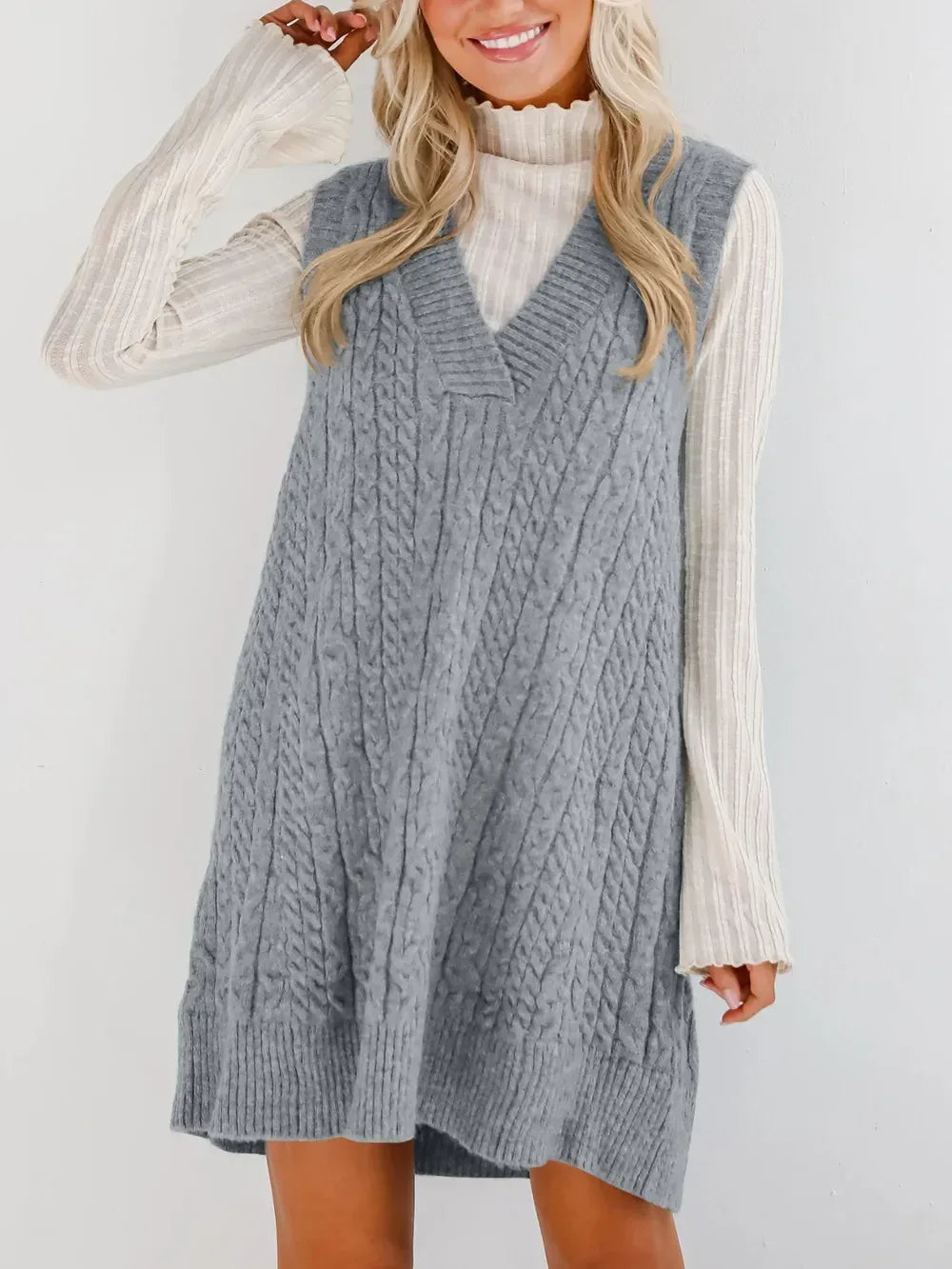 Lovelet Cable Knit V-Neck Mini Sweater Overall Dress - DAVERRI FASHIONS