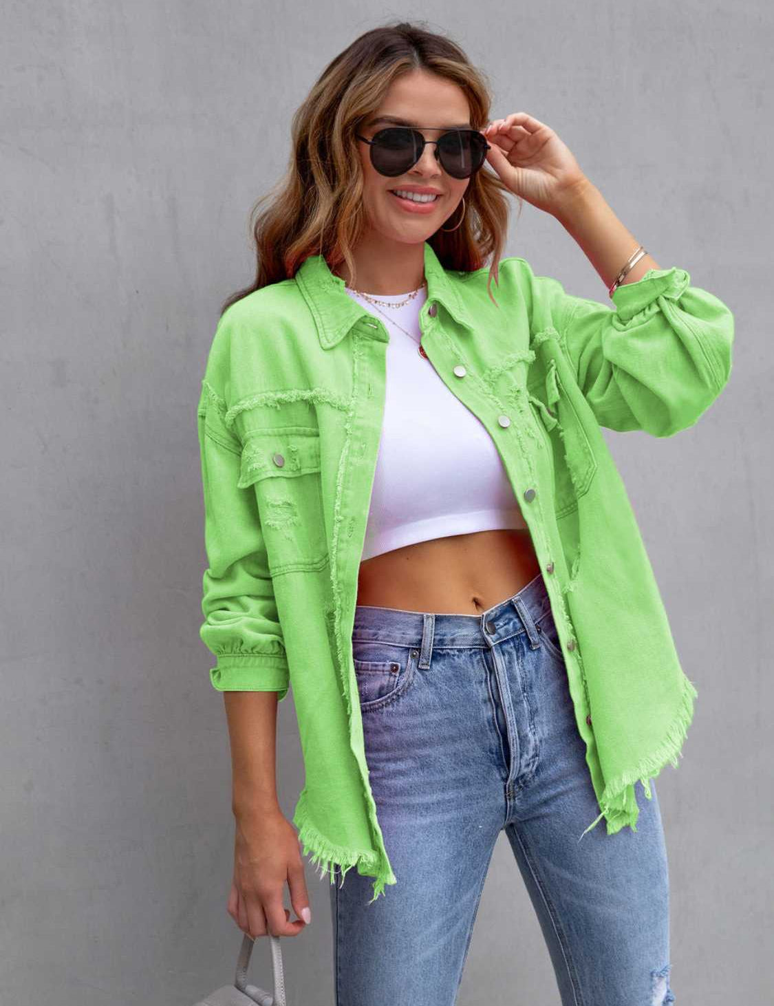 Green Apple Distressed Drop Shoulder Denim Jacket | Denim Jackets Daverri Fashions
