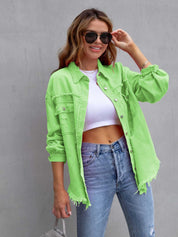 Green Apple Distressed Drop Shoulder Denim Jacket | Denim Jackets Daverri Fashions