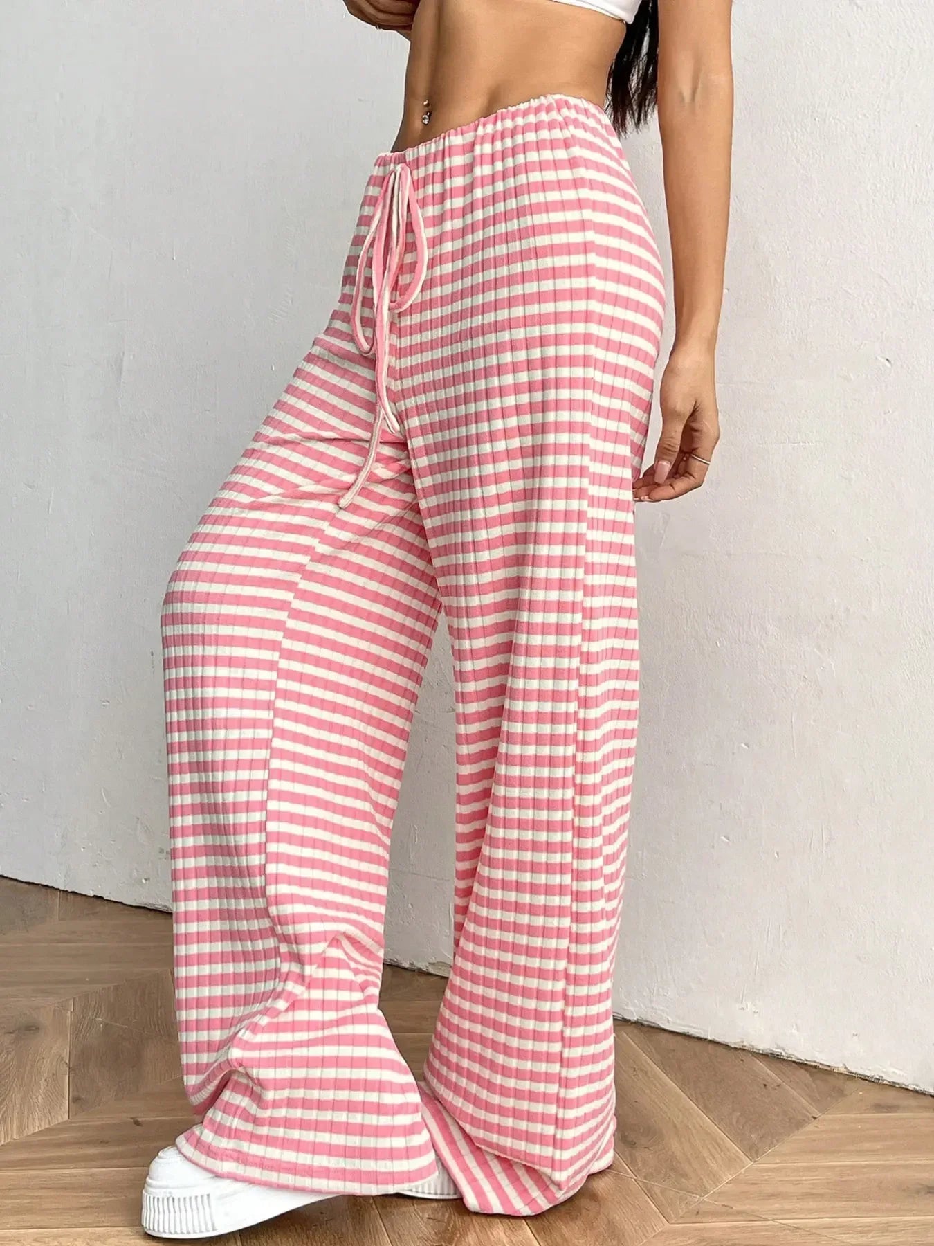 Striped Wide Leg Drawstring Pants - DAVERRI FASHIONS