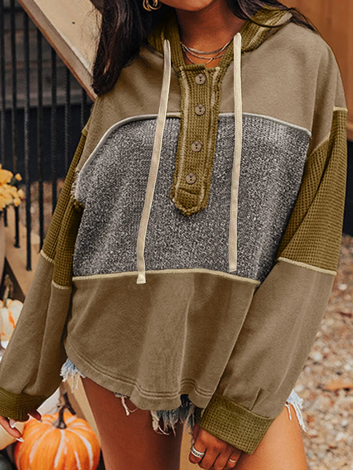 Mixed Texture Patchwork Exposed Seam Half Button Hoodie | Hoodies Daverri Fashions