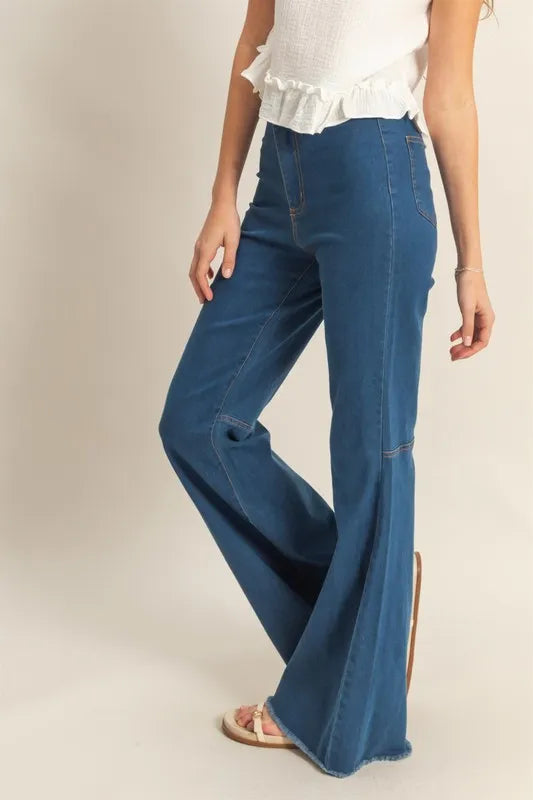 HYFVE Raw Hem High-Waist Washed Flared Jeans | Jeans Daverri Fashions