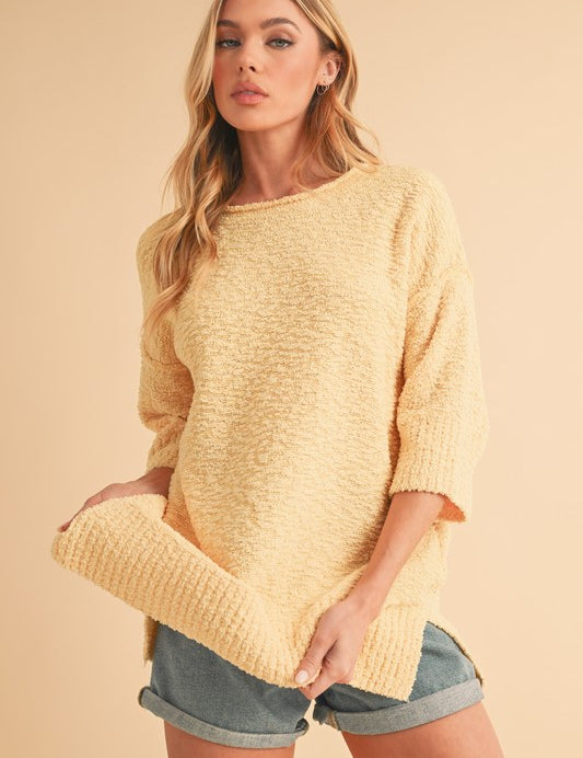 Aemi + Co Side Slit Ribbed Hem Round Neck Sweater