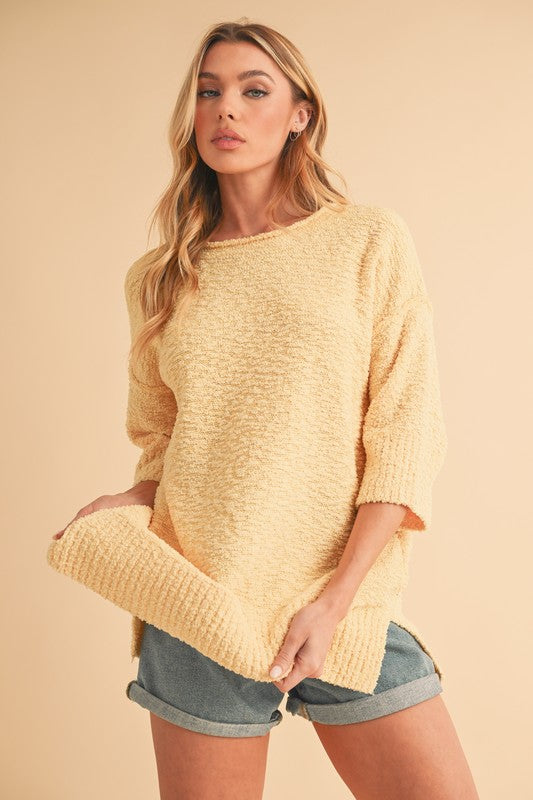 Aemi + Co Side Slit Ribbed Hem Round Neck Sweater