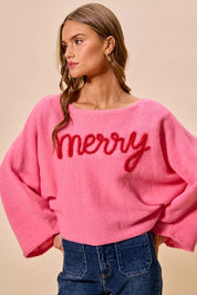 SO ME Merry Tinsel Lettering Christmas Sweater Top Pink | Sweaters Daverri Fashions