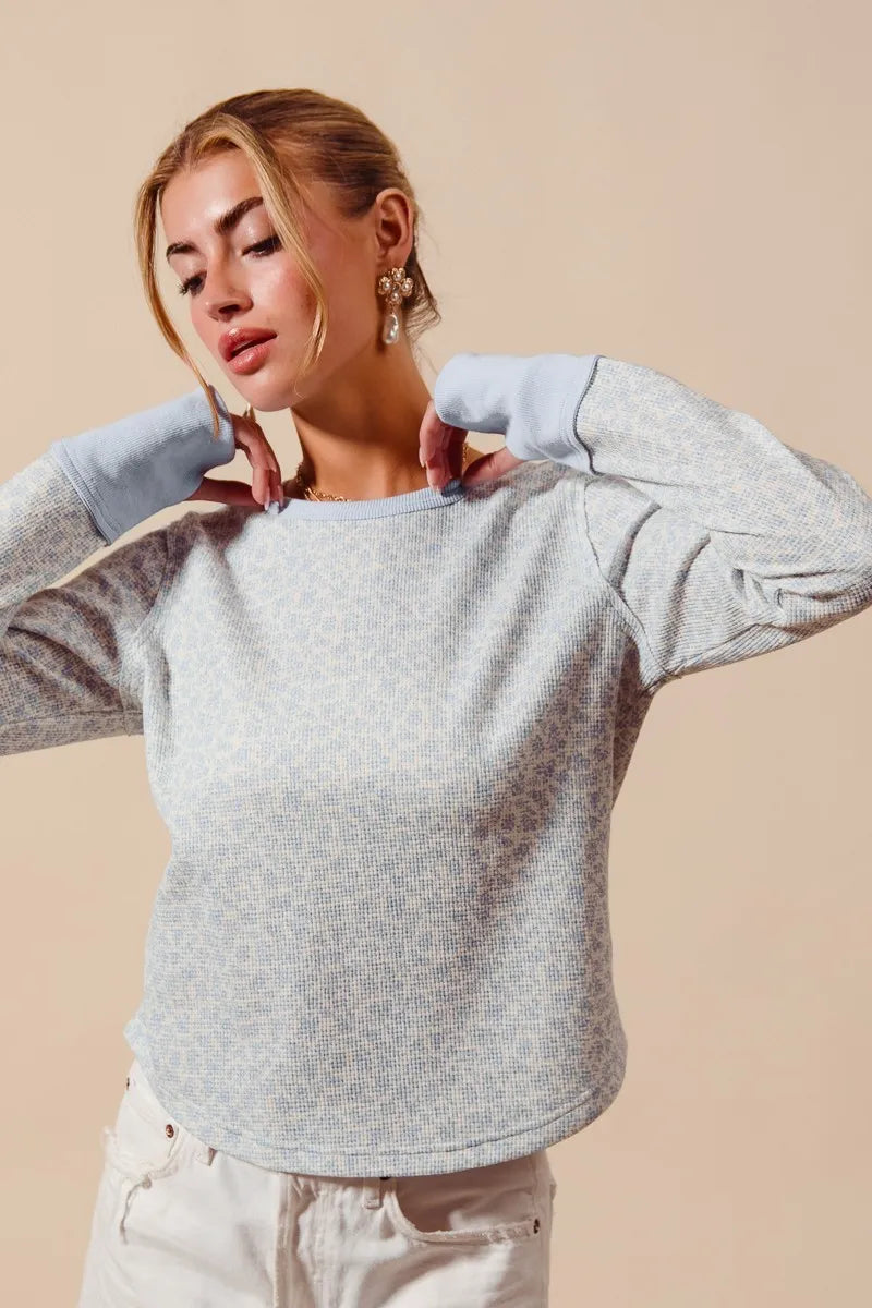 SO ME Textued Floral Knit Top with Contrast Cuffs Tops