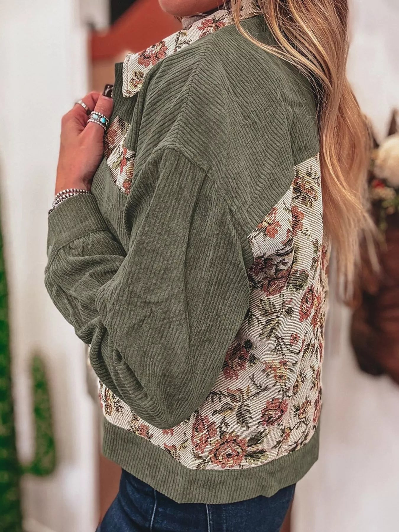Floral Snap Down Corduroy Jacket | Jackets Daverri Fashions