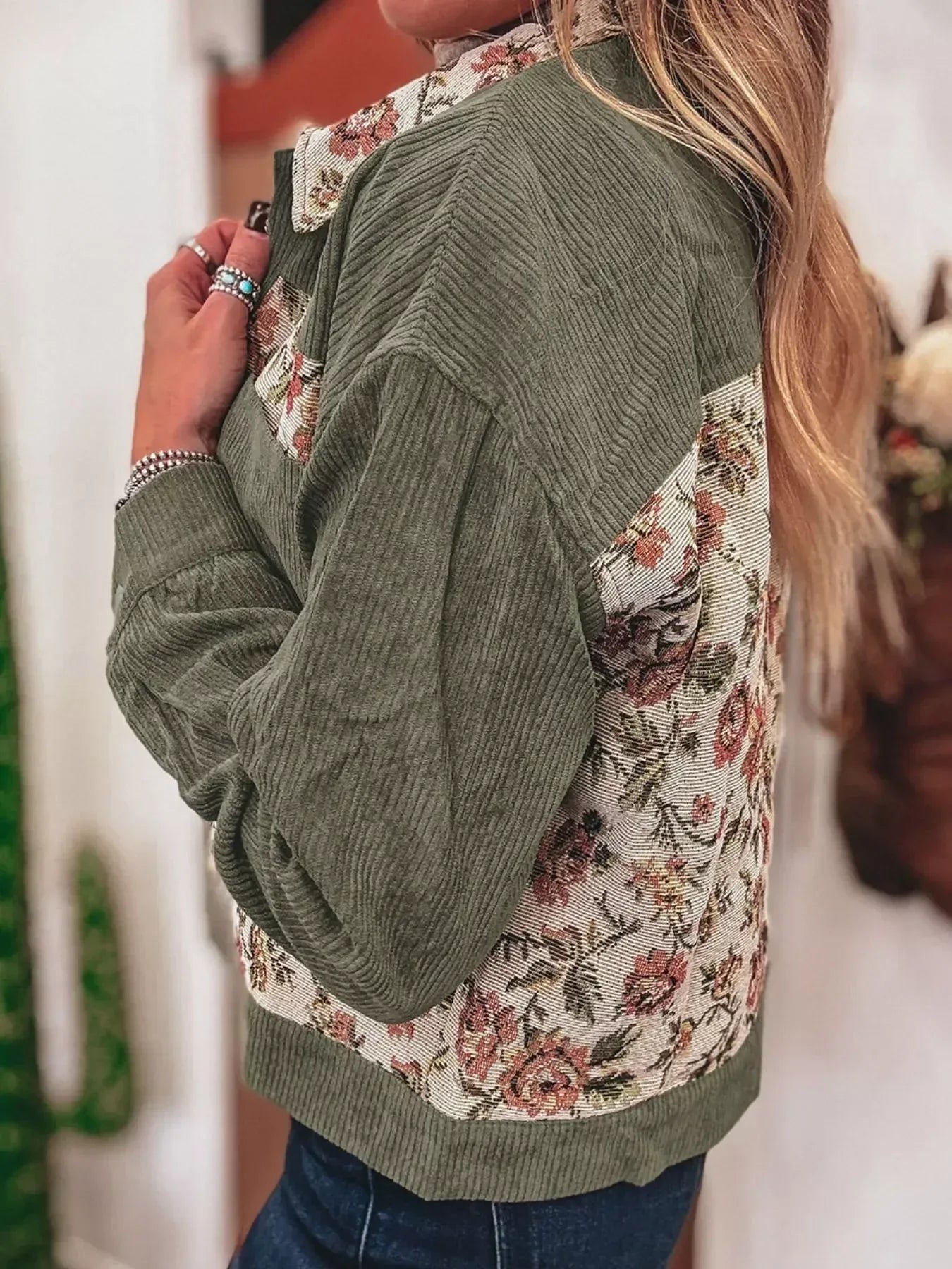 Floral Snap Down Corduroy Jacket - DAVERRI FASHIONS