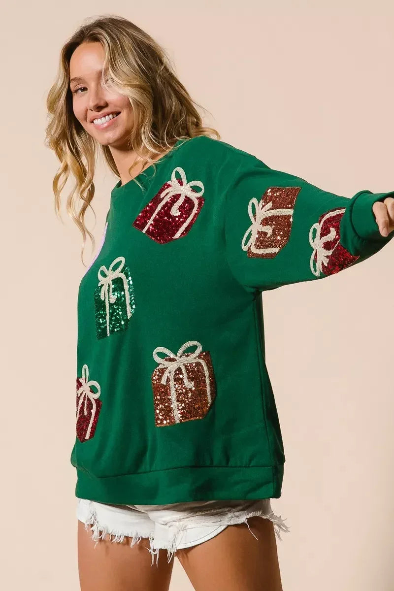 BiBi Sequin Christmas Gift Box Embroideries Pullover - DAVERRI FASHIONS