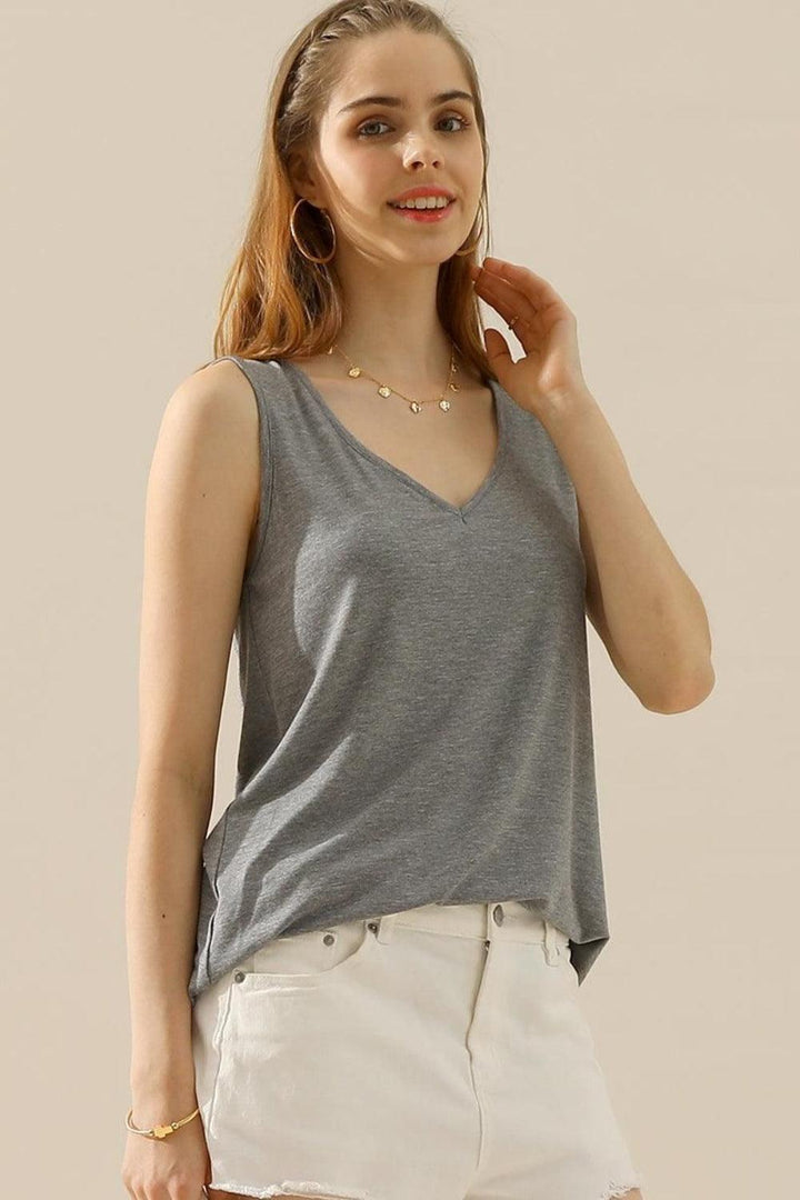 V-Neck Curved Hem Tank H GREY Tank Tops