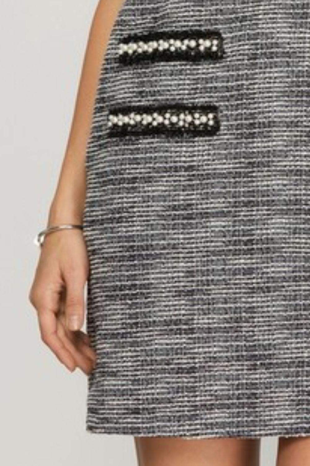 She + Sky Full Size Short Sleeve Pearl Studded Trim Knit Tweed Dress Plus Size Mini Dresses