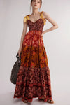 Floral tiered maxi dress in red orange floral print with yellow ruffles