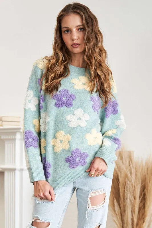 ADORA Floral Popped 2-Tone Sweater Top | Sweaters Daverri Fashions