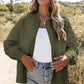 Olive green quilted bomber jacket with baseball collar and floral design