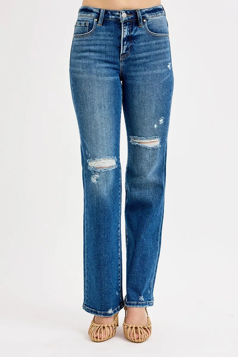RISEN Full Size Tummy Control High Rise Straight Distressed Jeans Plus Size | Jeans Daverri Fashions