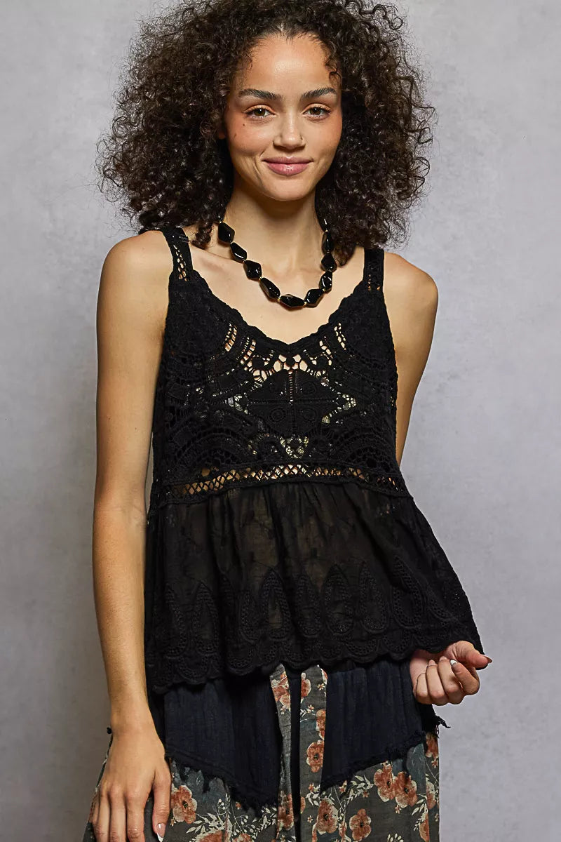 POL V-Neck Crochet Tank with Floral Embroidery Detail | Daverri Fashions