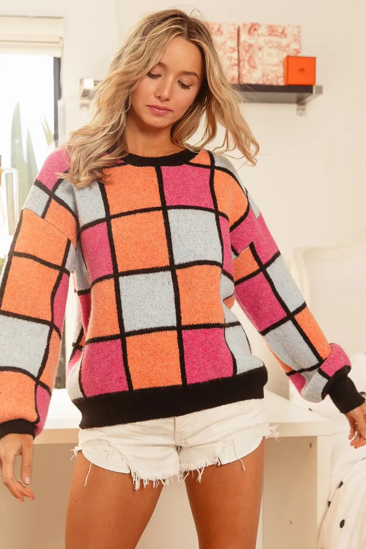 BiBi Multi Color Checker Pattern Sweater | Sweaters Daverri Fashions