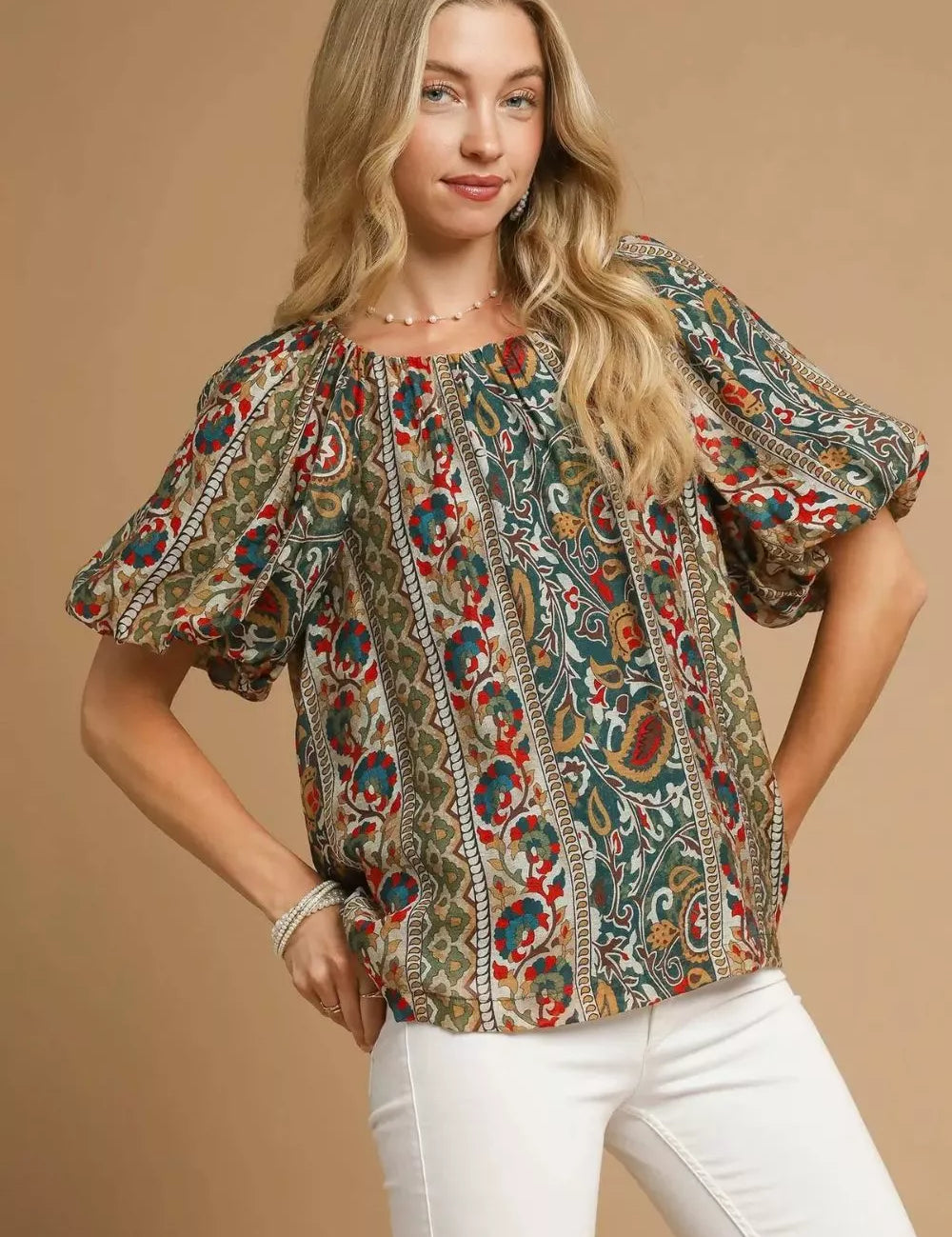 Green Umgee Boho Floral Stripe Puff Sleeve Blouse | Blouses Daverri Fashions