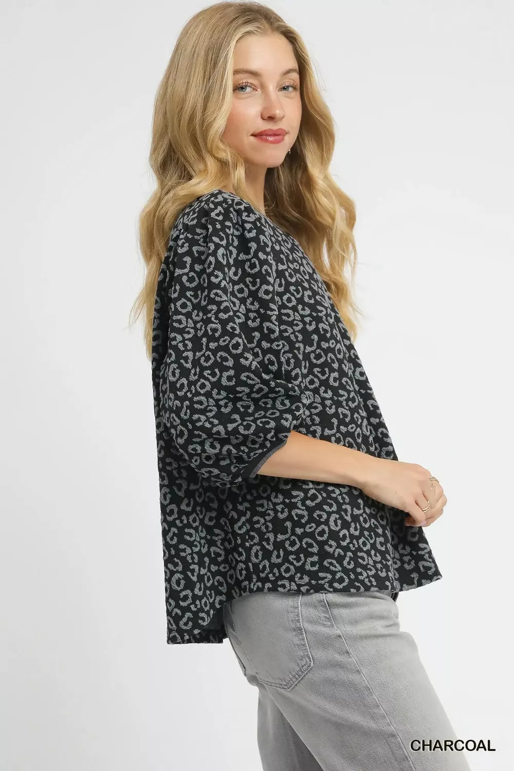 Umgee Leopard Print Jacquard Blouse with Puff Sleeves | Blouses Daverri Fashions