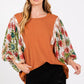 SAGE + FIG Full Size Printed Balloon Sleeve Contrast Top Caramel Tops