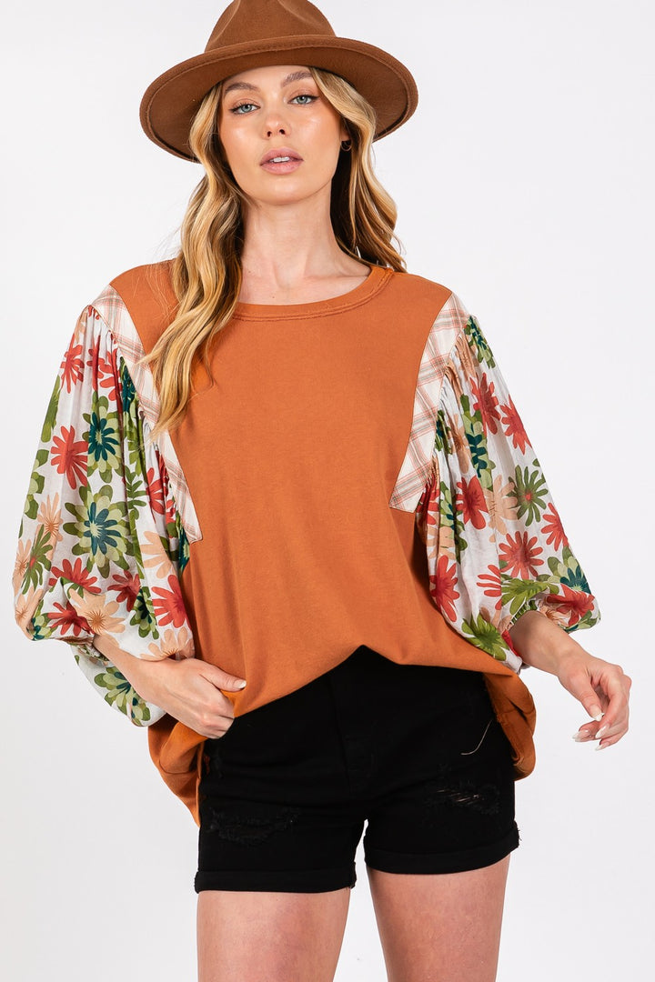 SAGE + FIG Full Size Printed Balloon Sleeve Contrast Top Caramel Tops