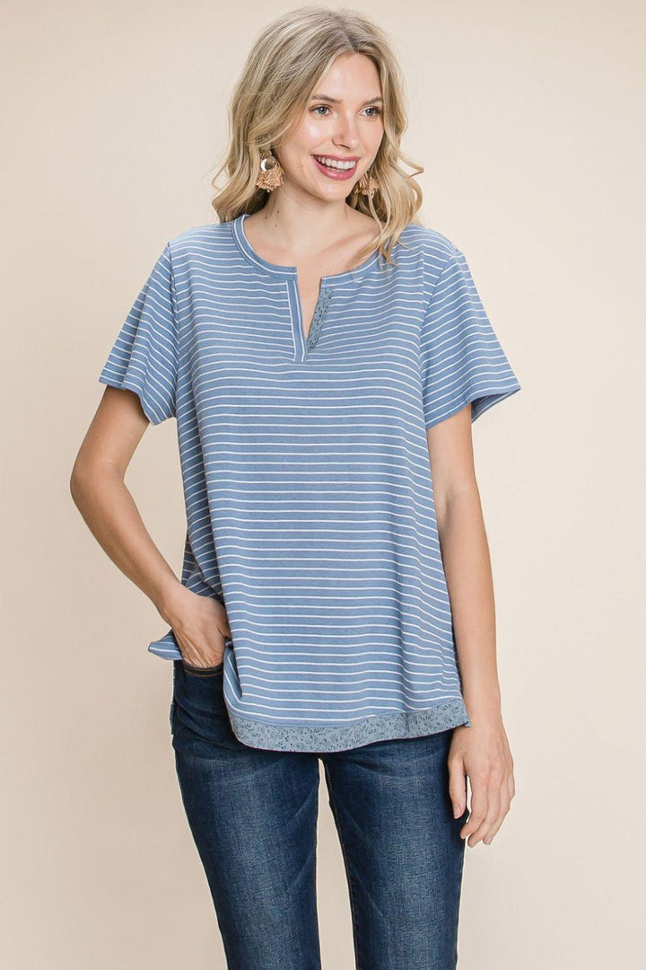 Cotton Bleu by Nu Lab Slit Striped Notched Short Sleeve T-Shirt Shirts & Tops