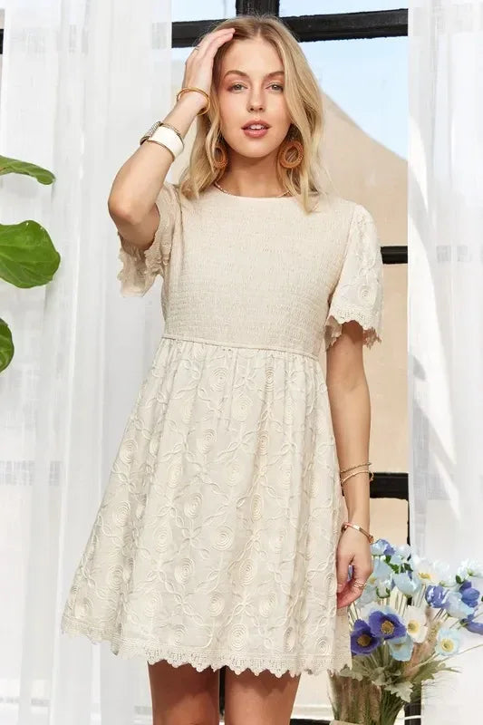 ADORA Rround Neck Crinkle Babydoll Dress - DAVERRI FASHIONS