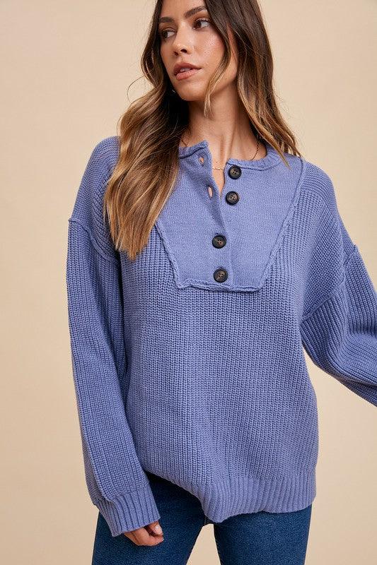 Annie Wear Half Button Ribbed Hem Sweater Sweaters