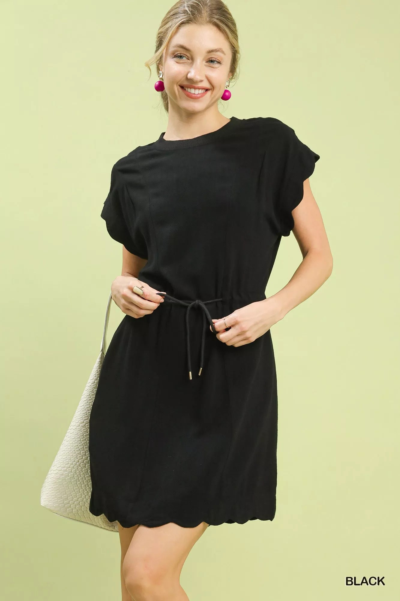 Black Umgee linen blend mini dress with ruffled sleeves and scalloped hem