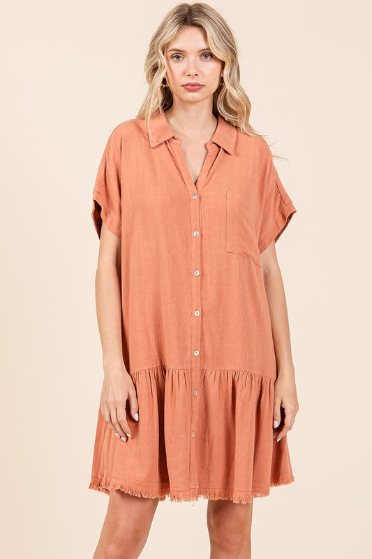 Mittoshop Ginger Linen Blend Button Down Shirt Mini Dress Mini Dresses