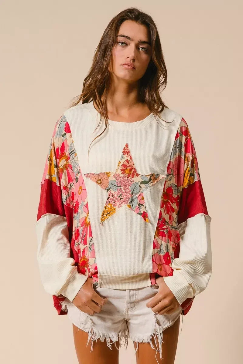BiBi Floral Print Mixed Star Patch Round Neck Sweatshirt - DAVERRI FASHIONS