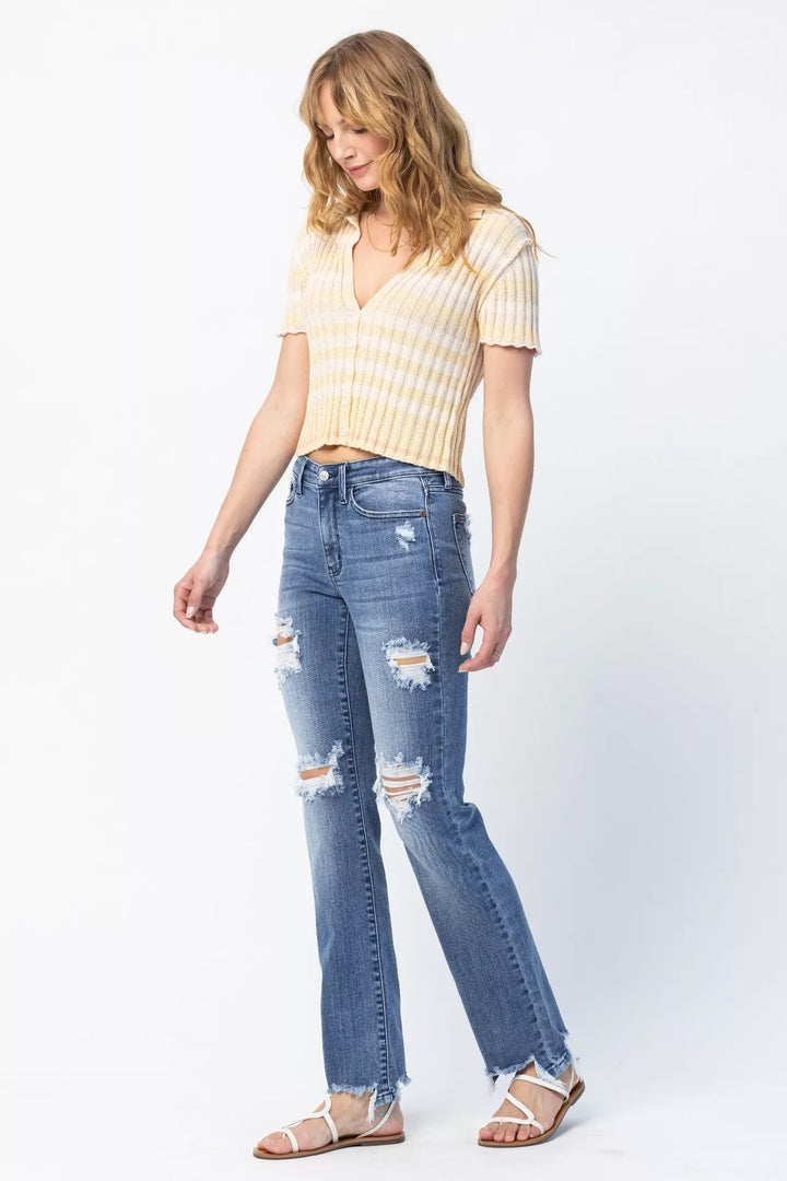 Judy Blue Full Size Mid Rise Destroy Straight Jeans Plus Size | Jeans Daverri Fashions