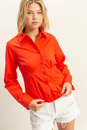 RED HYFVE Long Sleeve Pleated Waist Poplin Shirt | Daverri Fashions