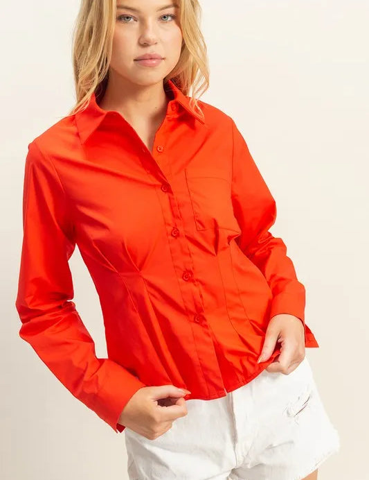 RED HYFVE Long Sleeve Pleated Waist Poplin Shirt | Daverri Fashions
