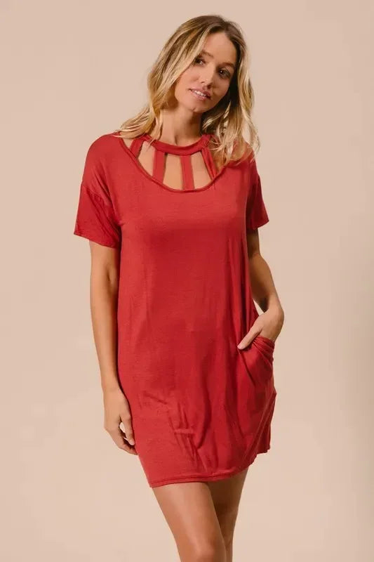 BiBi Front Cutout Mini Tee Dress with Pockets - DAVERRI FASHIONS