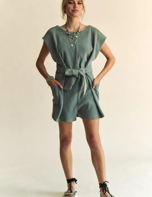Light Teal Davi & Dani Acid-Washed Waffle Knit Cuffed Sleeves Romper | Rompers Daverri Fashions