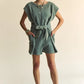 Davi & Dani Acid-Washed Waffle Knit Cuffed Sleeves Romper Light Teal Rompers