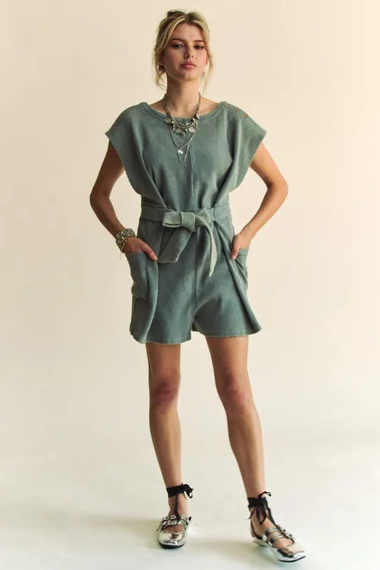 Davi & Dani Acid-Washed Waffle Knit Cuffed Sleeves Romper Light Teal Rompers
