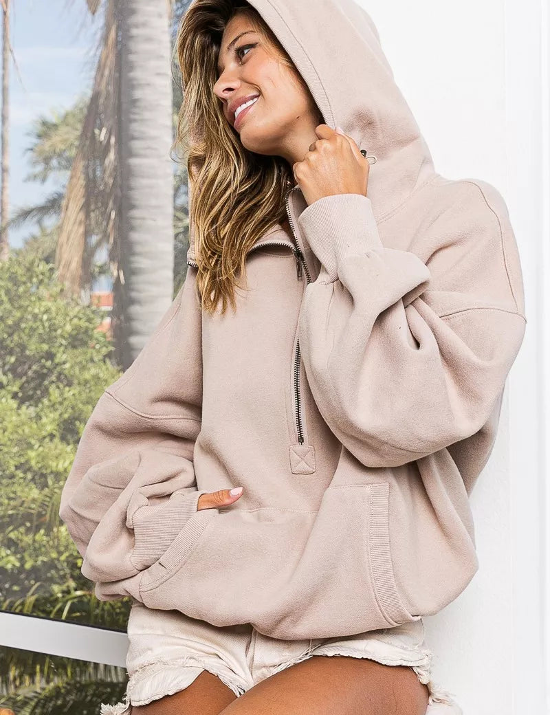 BiBi Stitch Detailed Elastic Hem Half Zip Fleece Hoodie Taupe | Hoodies Daverri Fashions