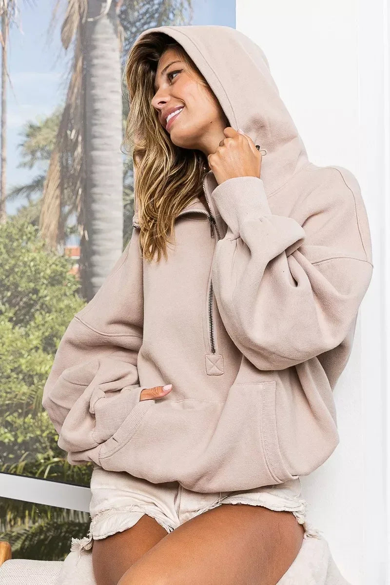 BiBi Stitch Detailed Elastic Hem Half Zip Fleece Hoodie Taupe - DAVERRI FASHIONS