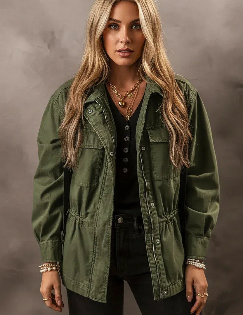 Daverri Fashions Zip Up Long Sleeve Cotton Jacket - DAVERRI FASHIONS