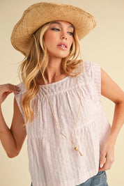 Aemi+Co Ruched Striped Round Neck Sleeveless Top | Tops Daverri Fashions