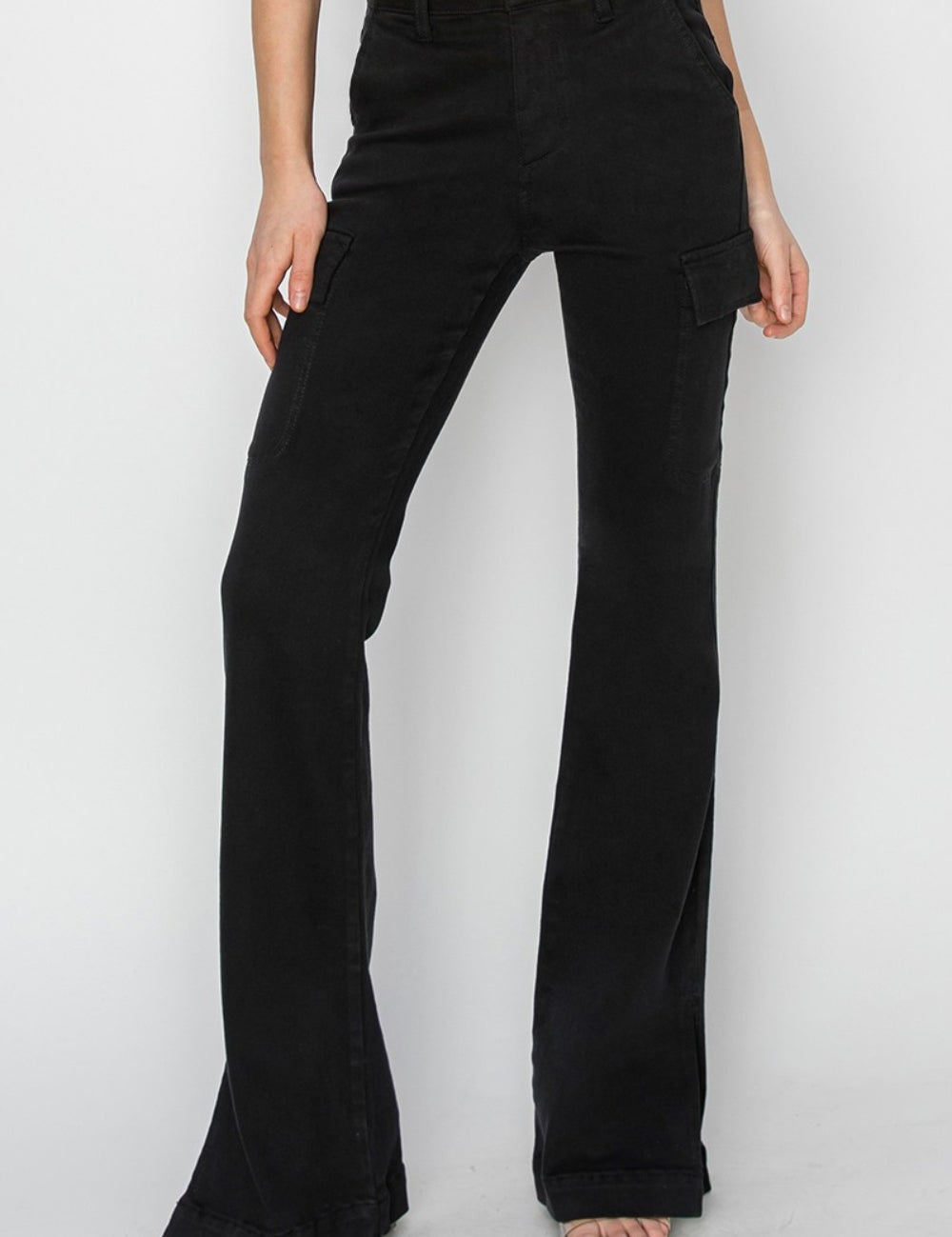 RISEN Full Size High Rise Side Slit Cargo Bootcut Jeans Black