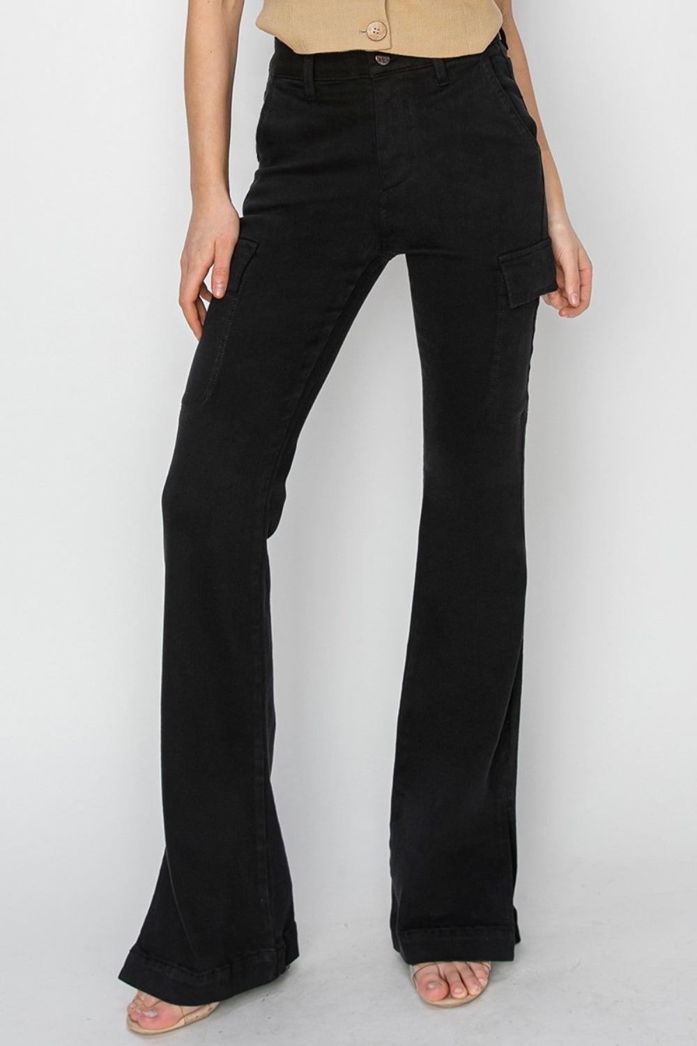 RISEN Full Size High Rise Side Slit Cargo Bootcut Jeans Black Jeans