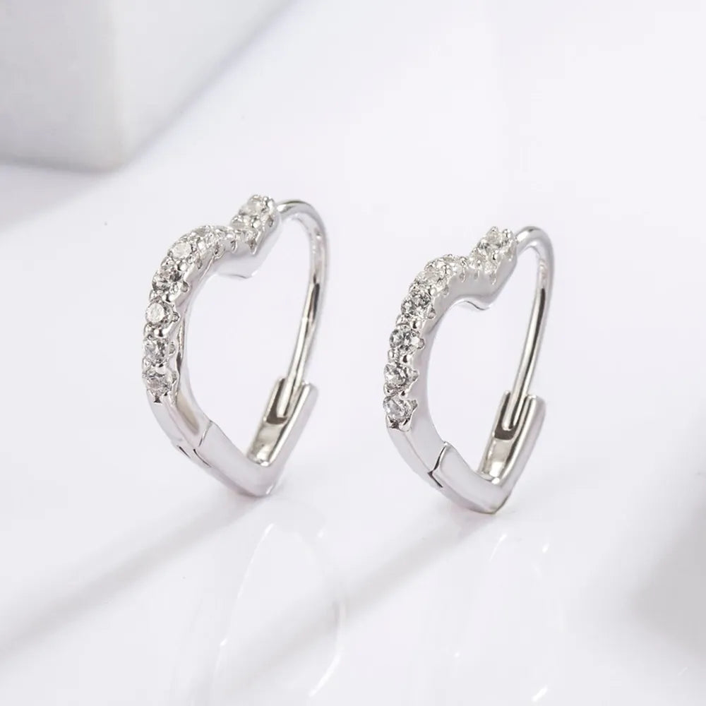 925 Sterling Silver Zircon Heart Hoop Earrings with Clear Gems