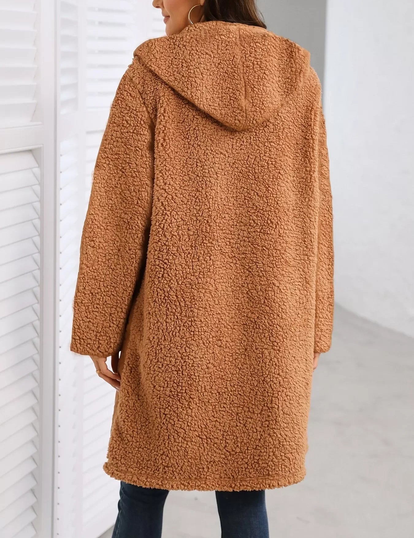 Brown zip-up hooded teddy bear coat with pockets